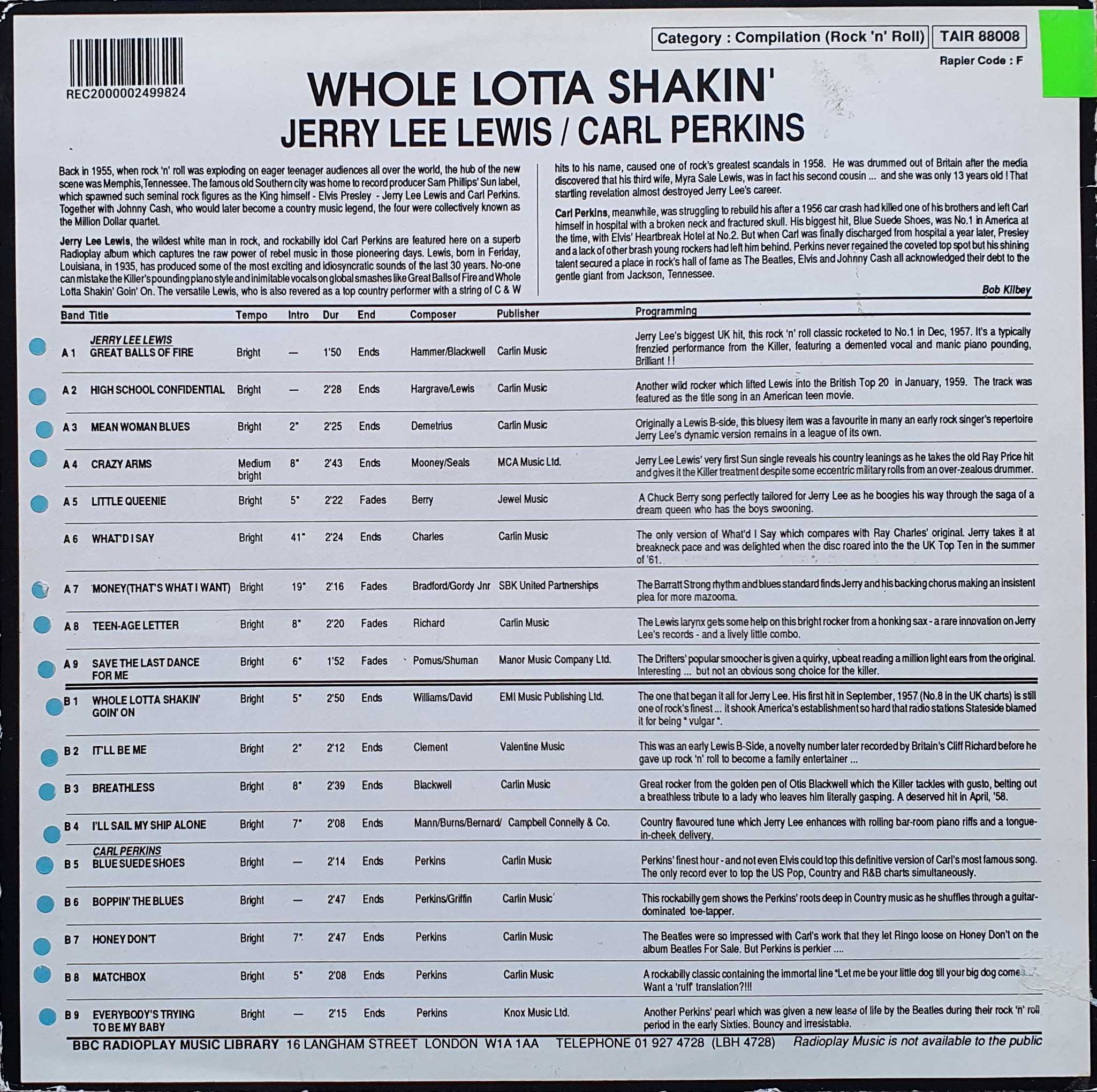 Picture of TAIR 88008 Whole lotta shakin' by artist Jerry Lew Lewis / Carl Perkins from the BBC records and Tapes library